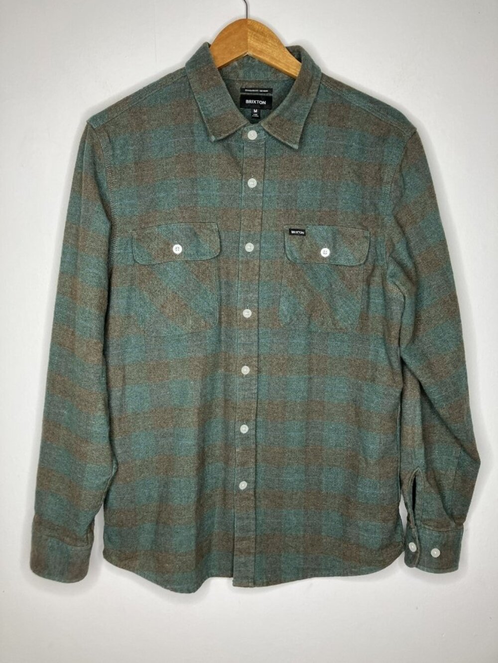 Brixton Men's M Bowery Standard Fit Flannel Shirt Green Brown Plaid Button Down